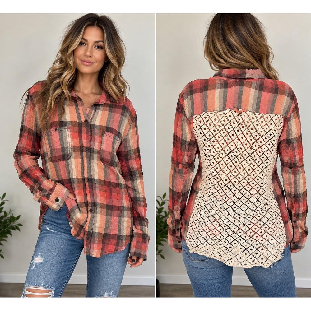 Free People We The Free Women's L Red Plaid Crochet Lace Back Button Up Shirt